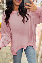 Waffle Raw Hem Pullover Sweatshirt
