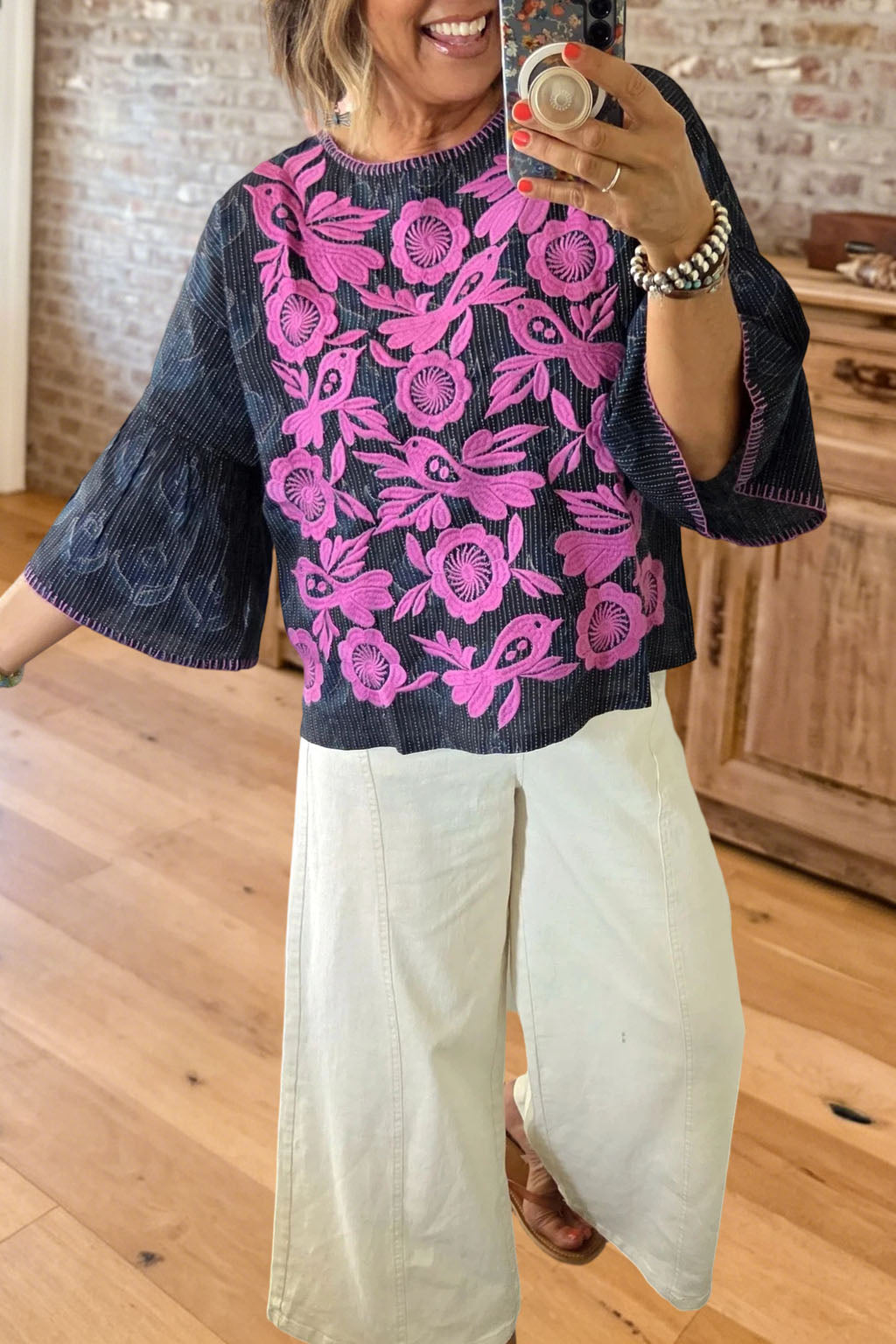 Floral Embroidered Flare Sleeve Blouse