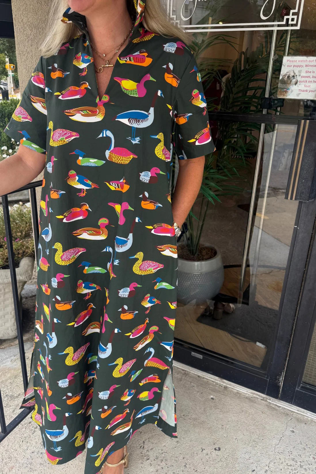 Duck Print Short Sleeve Maxi Dress
