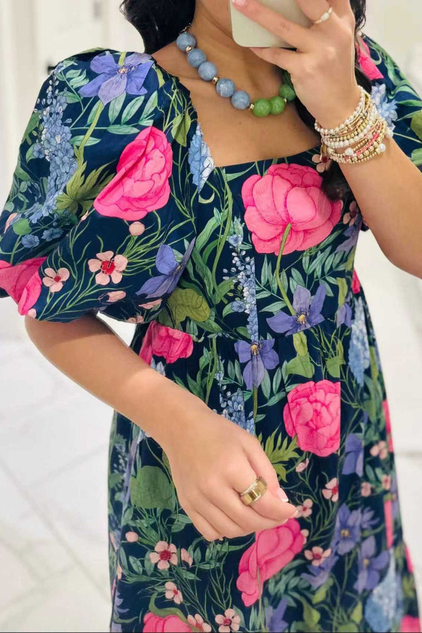 Floral Square Neck Puff Sleeve Maxi Dress