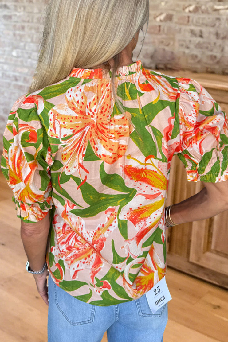 Lily Print V-Neck Short Sleeve Blouse