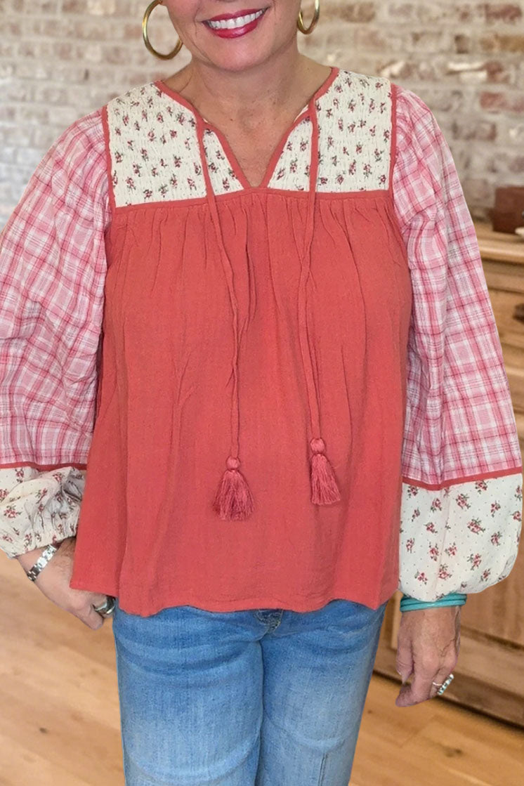 Floral Patchwork Tie Blouse
