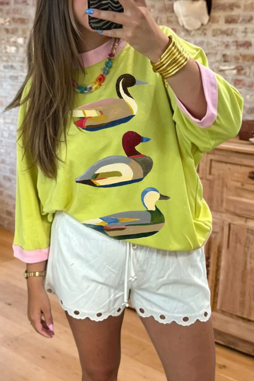 Duck Print Contrast Trim Oversized Tee