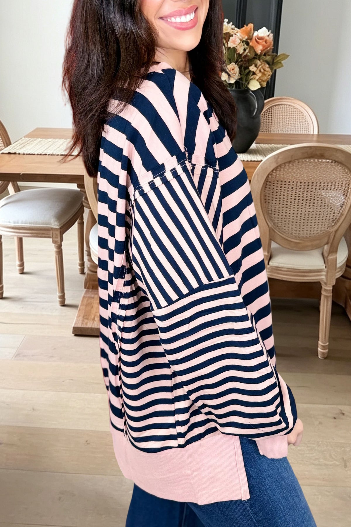 Striped Seam Detail Crewneck Top