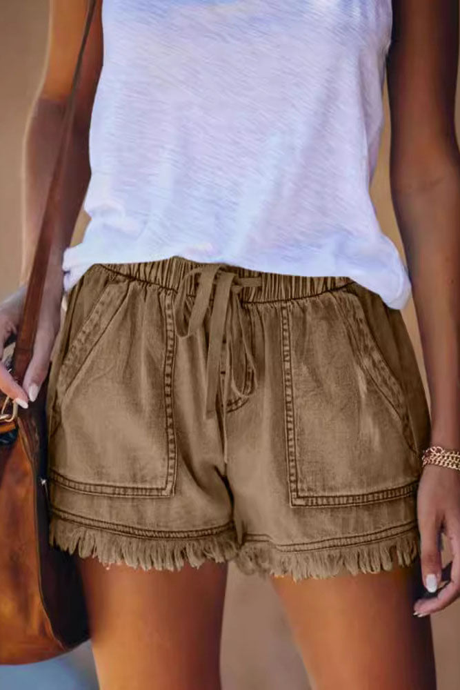 Casual Drawstring Fringe Denim Shorts