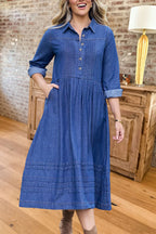 Pleated Button Pocket Denim Midi Dress