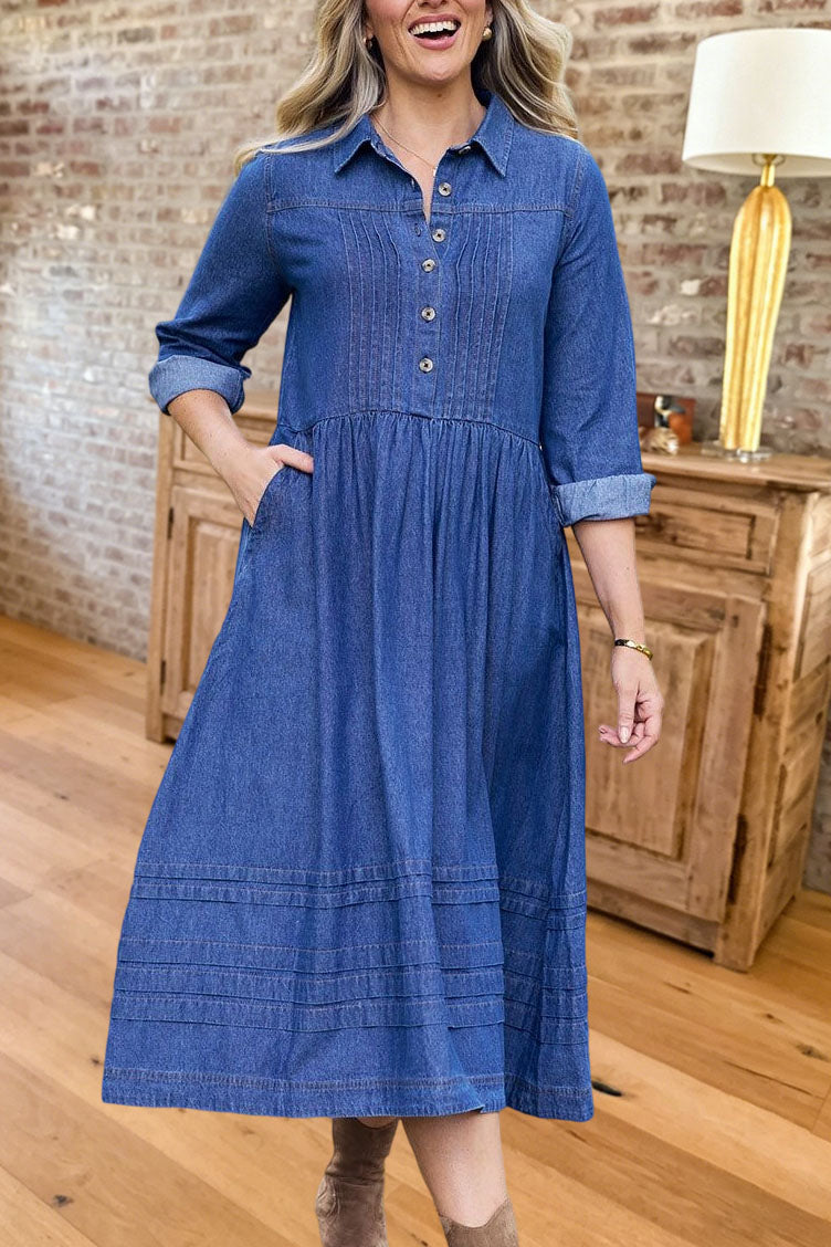 Pleated Button Pocket Denim Midi Dress