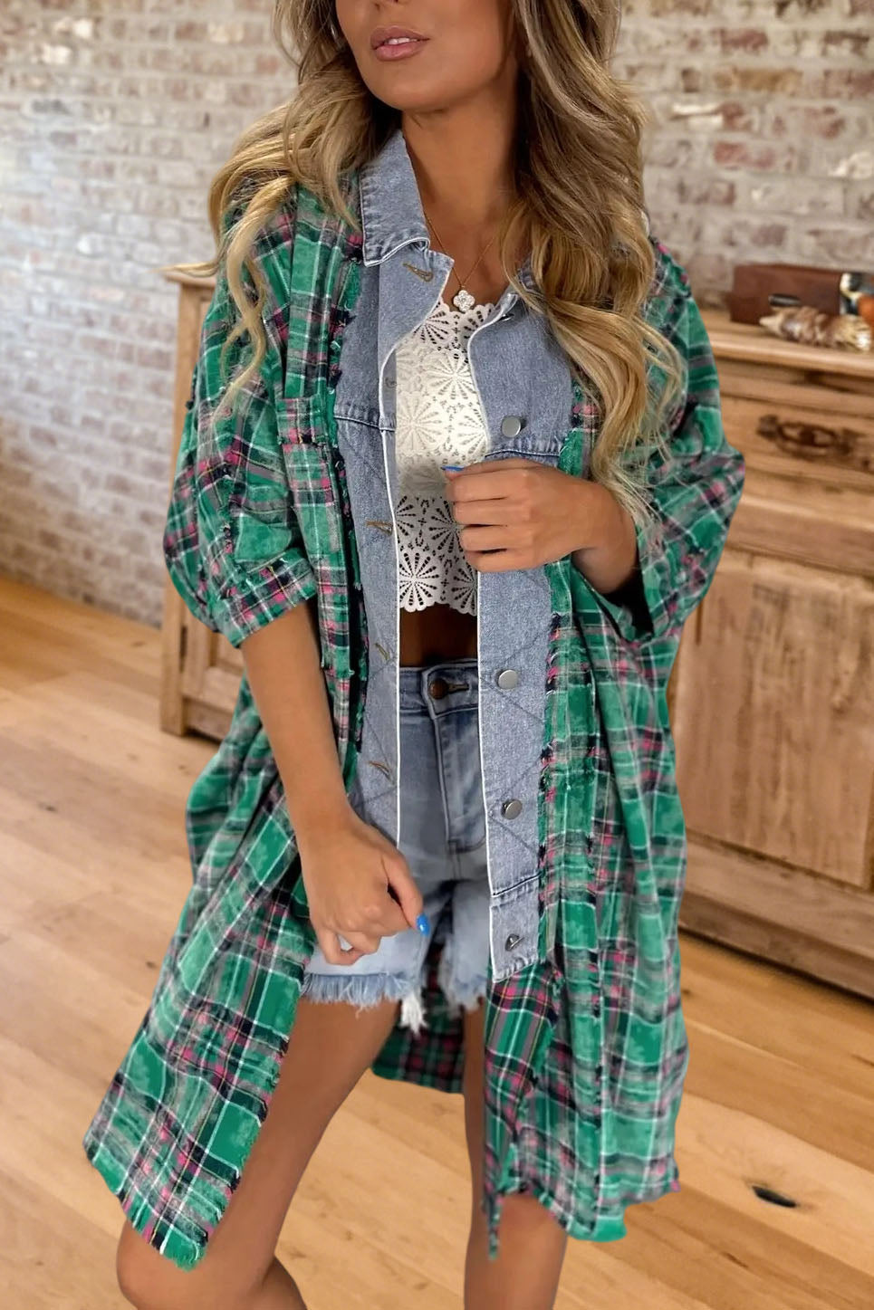 Plaid Denim Patchwork Shacket