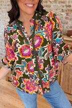 Floral Ruffle V-Neck Button Blouse