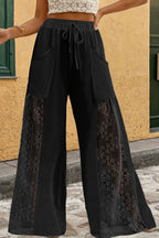 Lace Splicing Drawstring Wide Leg Pants