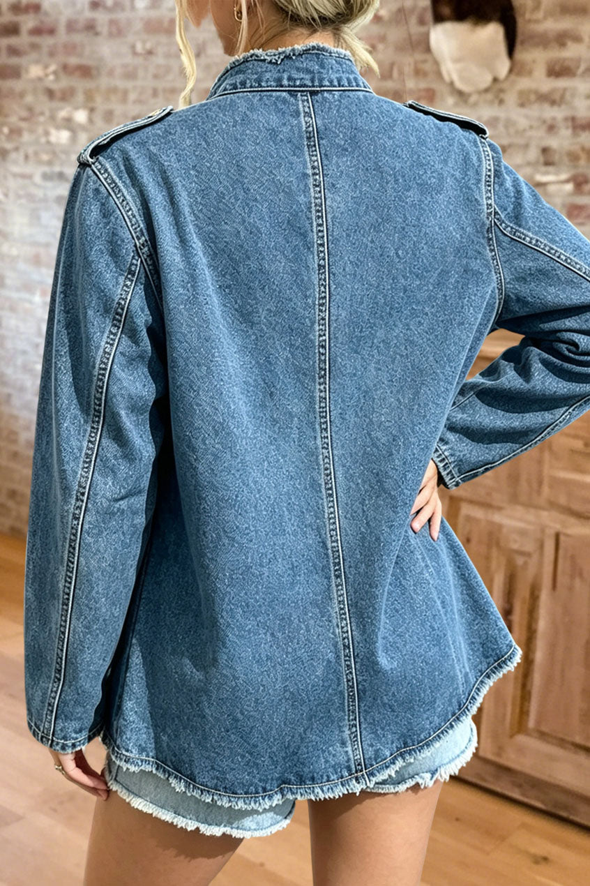 Casual Washed Button-Front Denim Jacket
