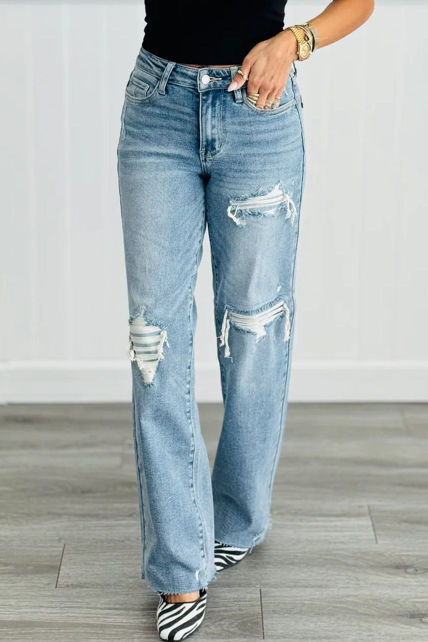 High Waist Ripped Straight Leg Jeans