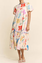 Floral Bow Print Midi Dress