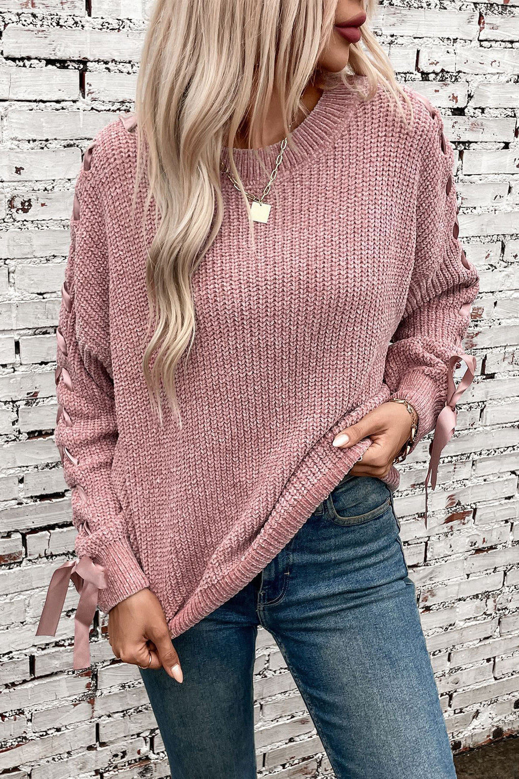 Ribbed Knit Lace-Up Bow Sleeve Sweater