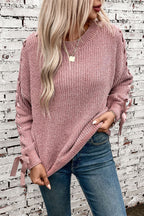 Ribbed Knit Lace-Up Bow Sleeve Sweater