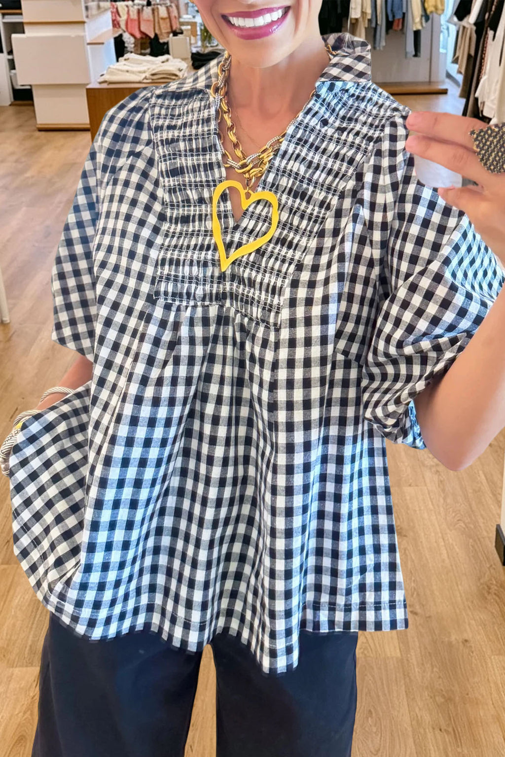 Casual Plaid Pleated V-Neck Top