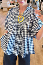 Casual Plaid Pleated V-Neck Top
