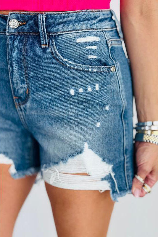 High Rise Distressed Denim Shorts