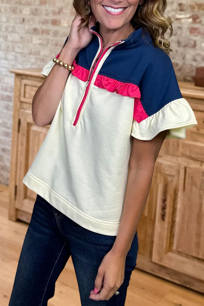 Colorblock Ruffle Zipper Half-Zip Top