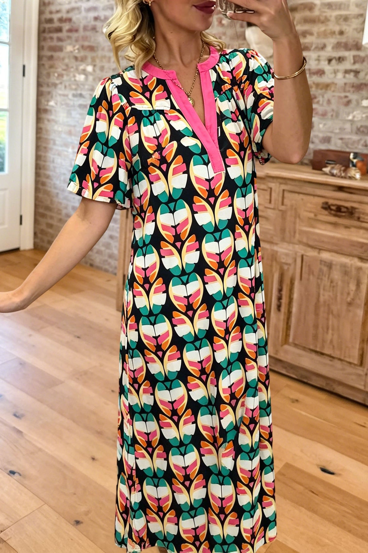Geometric Print V-Neck Midi Dress