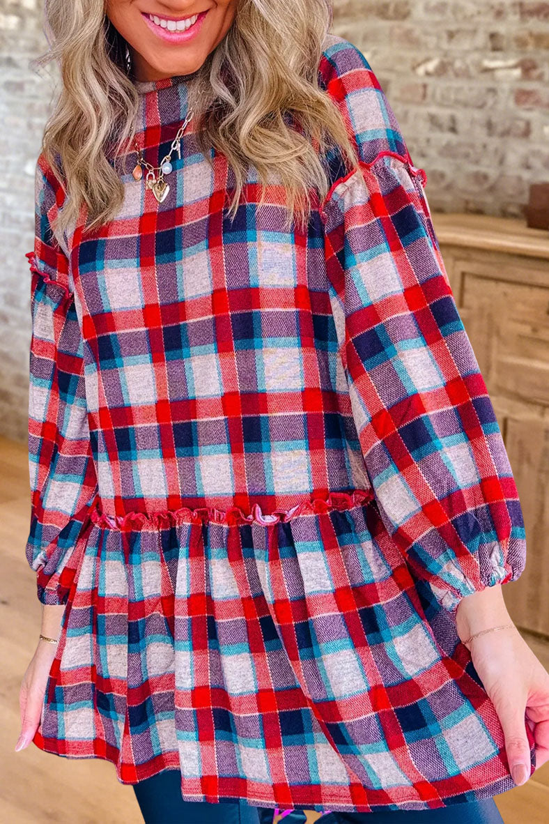 Plaid Tiered Ruffle Hem Tunic Top