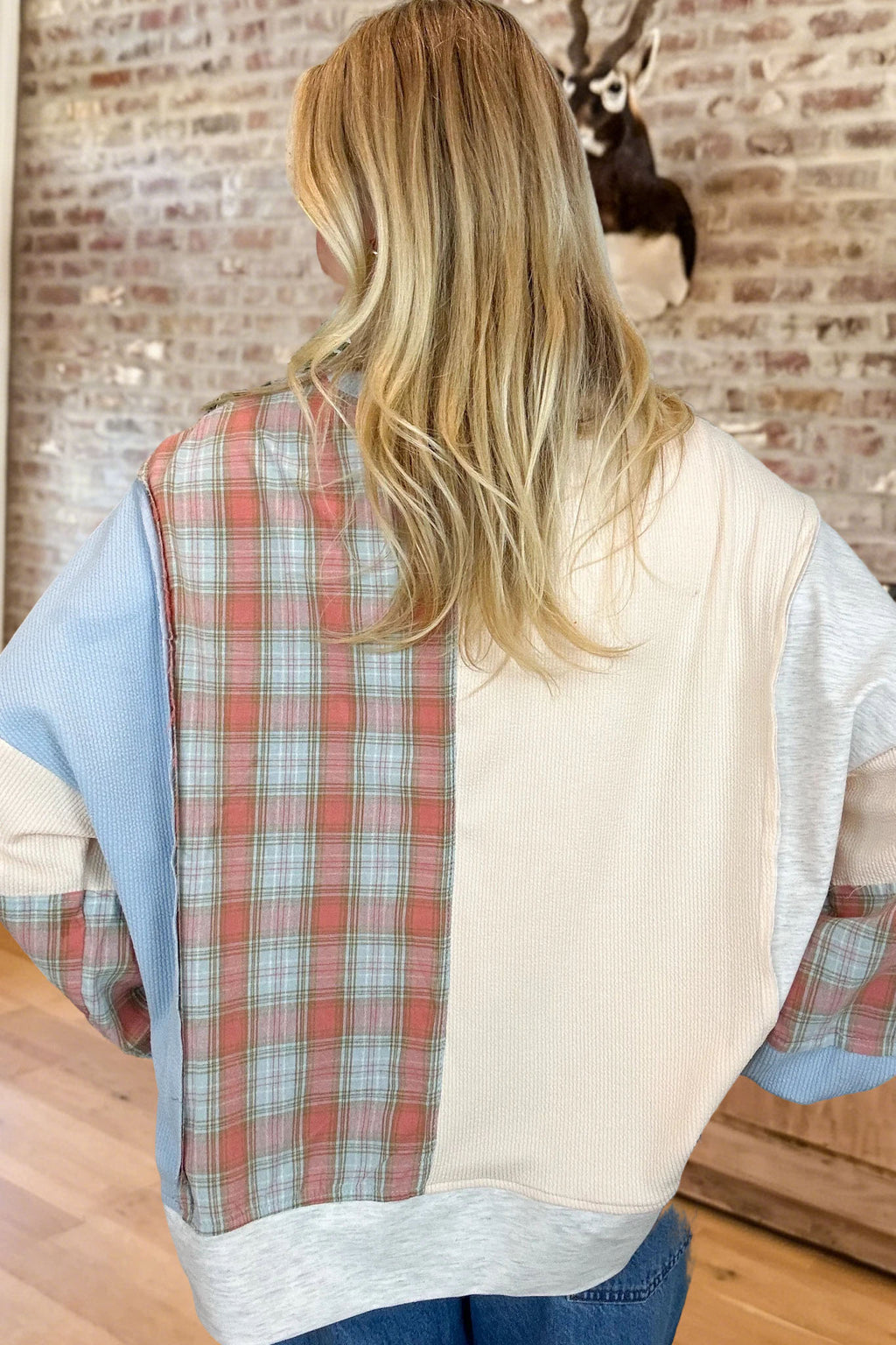 Floral Plaid Patchwork Waffle Sweatshirt