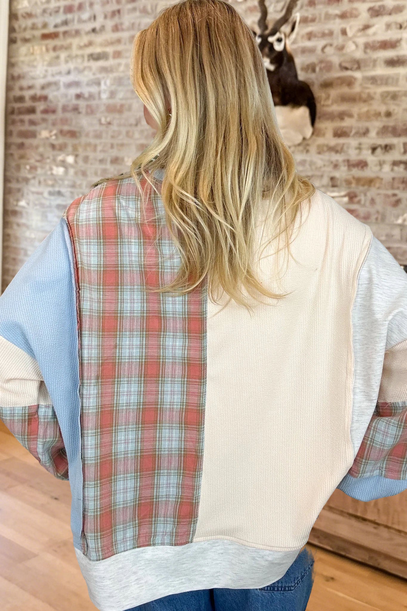 Floral Plaid Patchwork Waffle Sweatshirt
