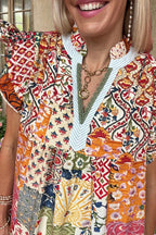 Boho Patchwork Print Flutter Sleeve Dress