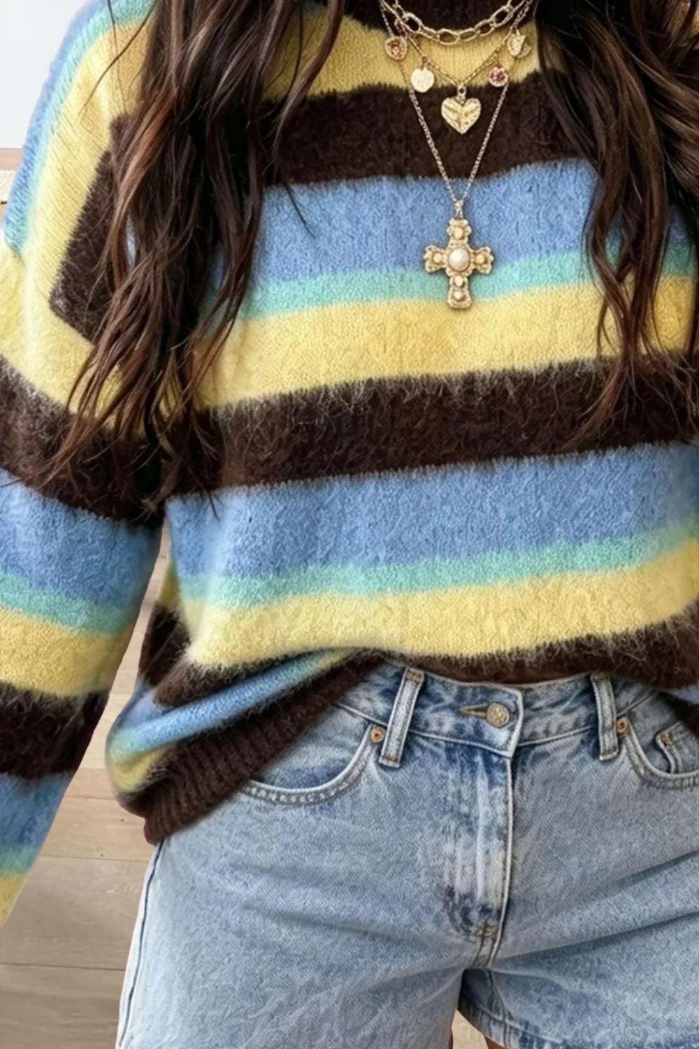 Women's Striped Fuzzy Knit Sweater