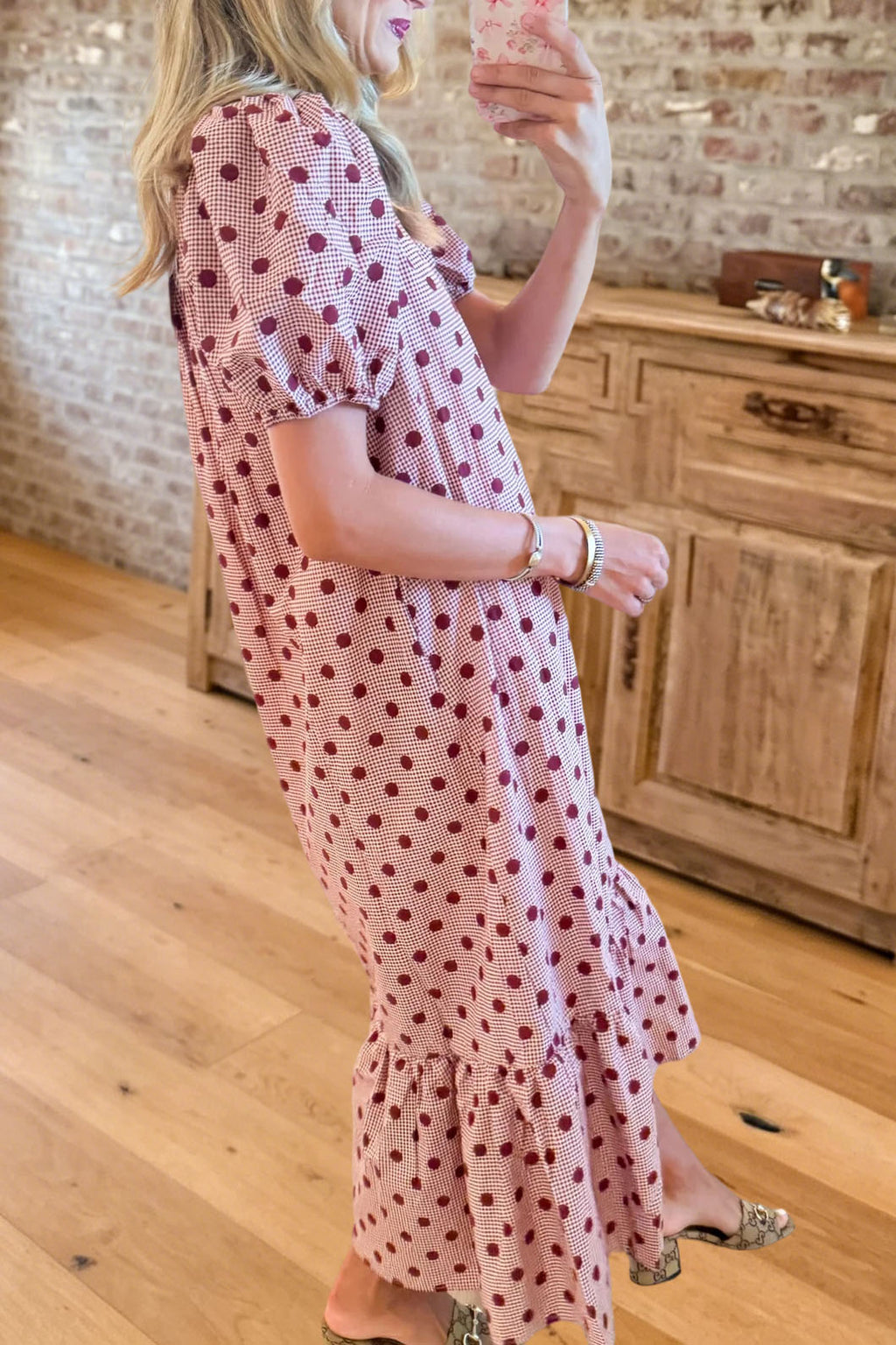 Polka Dot Puff Sleeve Ruffle Midi Dress