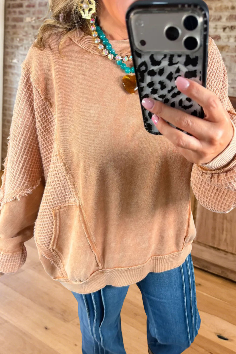 Waffle Knit Patchwork Pocket Sweatshirt