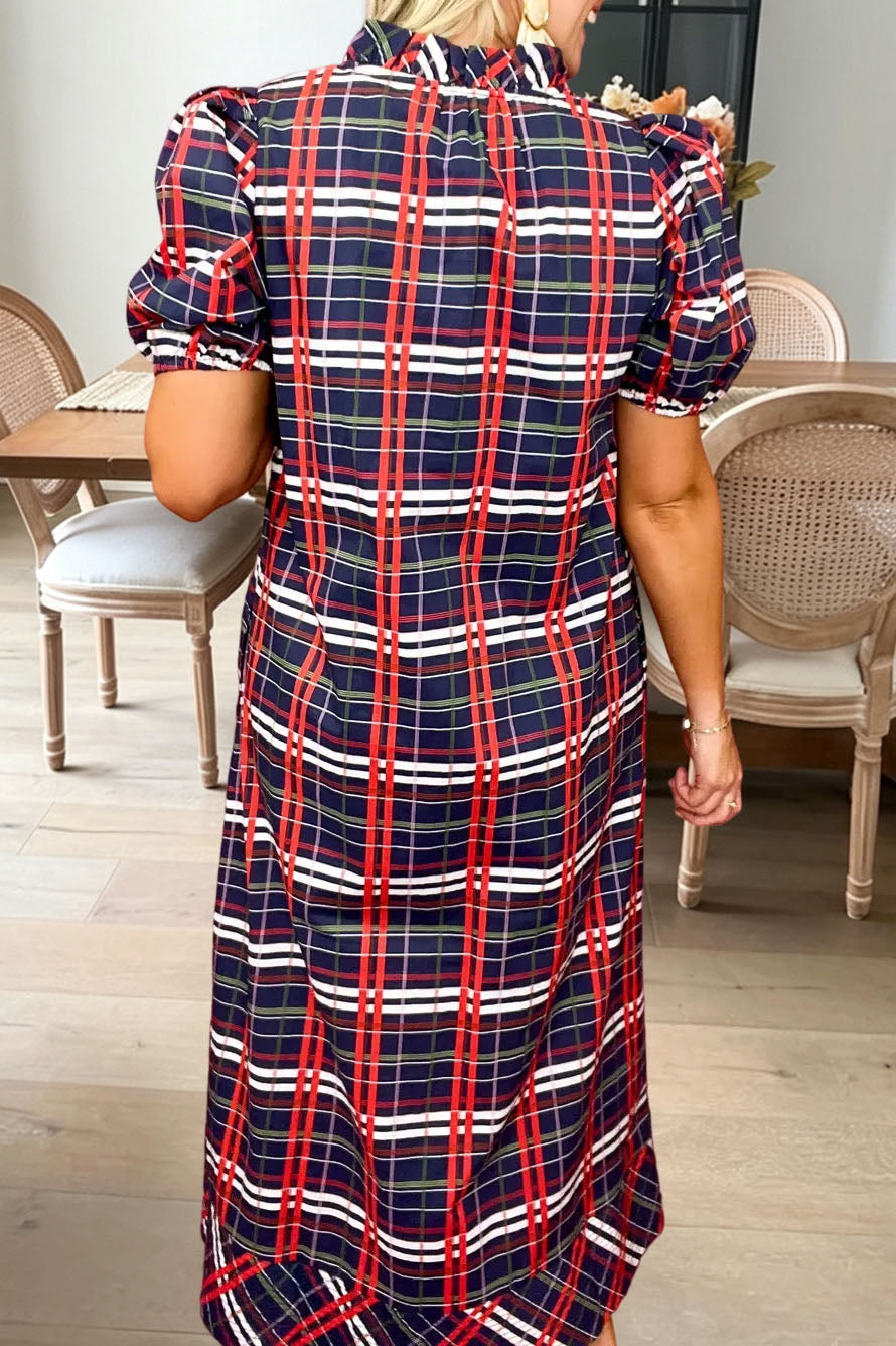 Plaid Short Sleeve V Neck Midi Dress