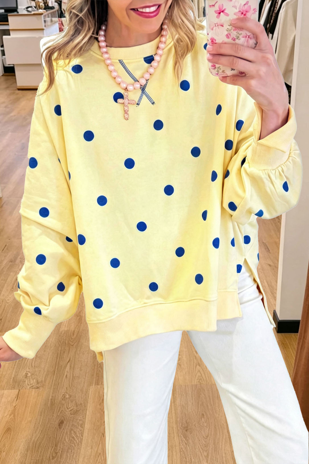 Polka Dot Side Slit Sweatshirt