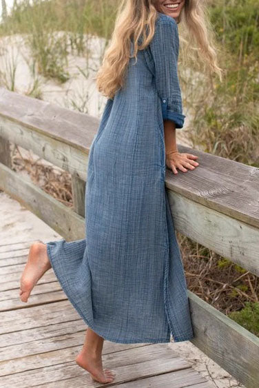 Button Down Denim Maxi Shirt Dress