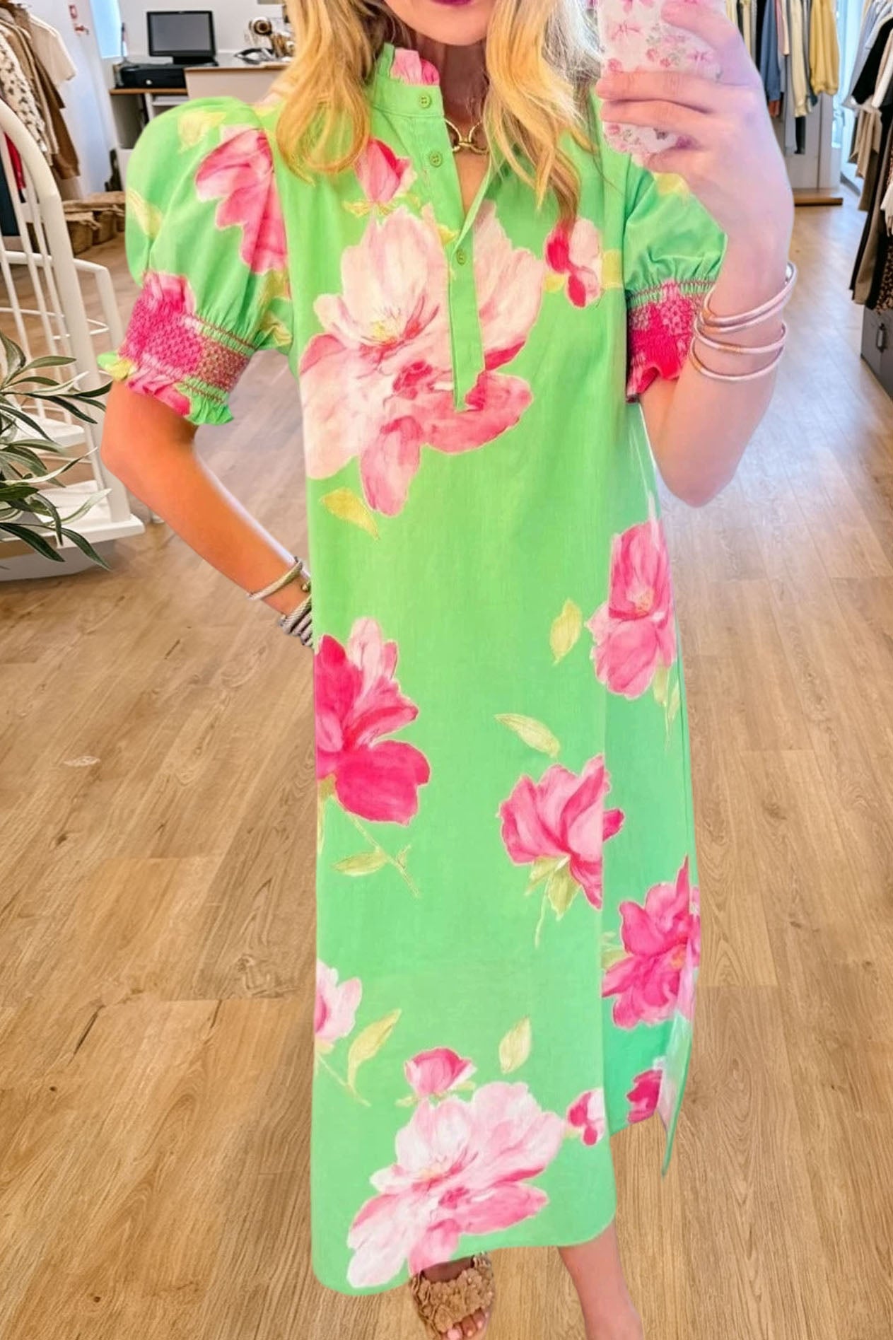 Floral Print Puff Sleeve Midi Dress