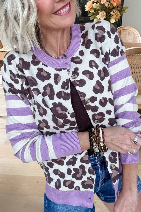 Leopard Striped Button Knit Cardigan