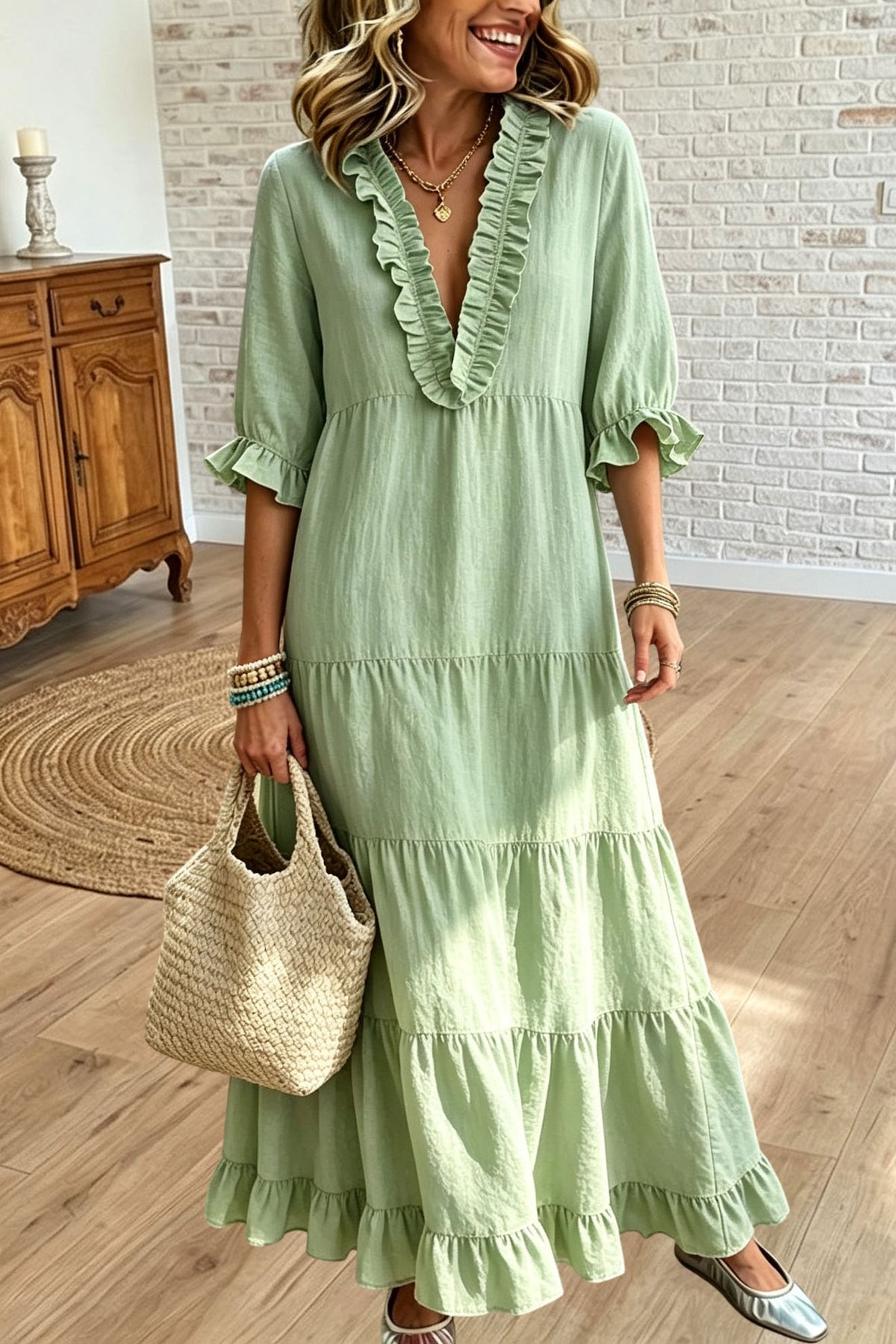 Ruffle V Neck Maxi Dress