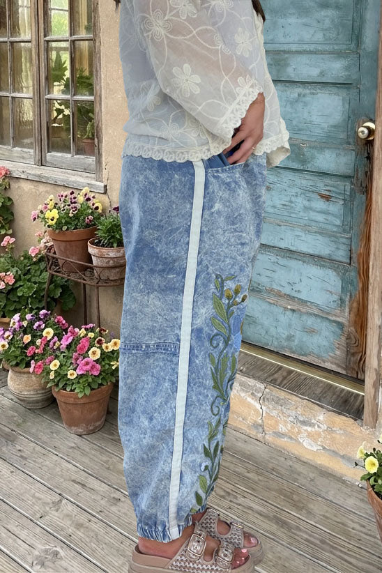 Floral Embroidered Denim Pants