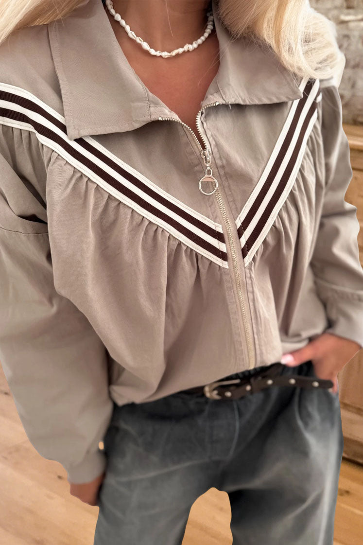 Striped V-Trim Zipper Front Jacket