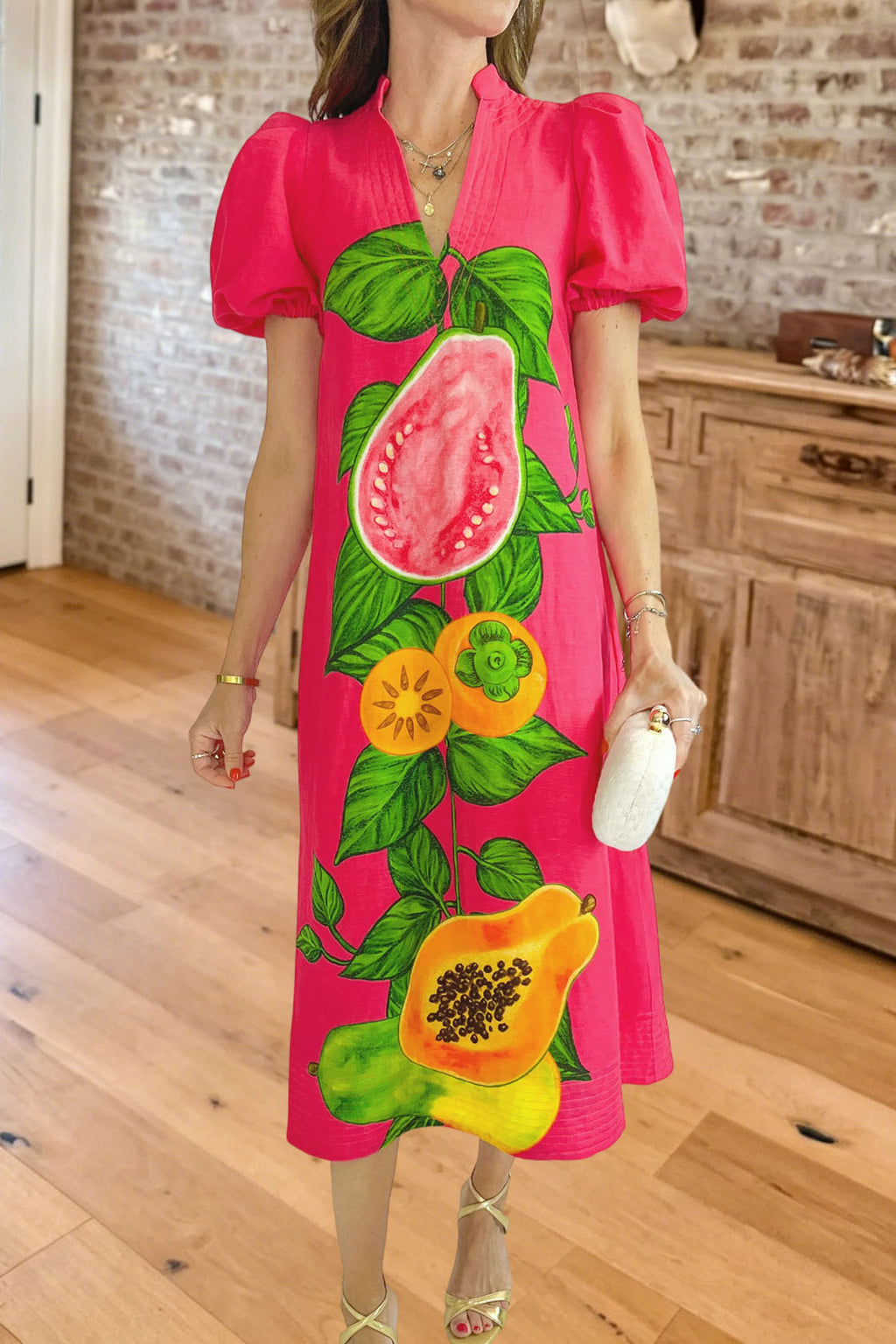 Fruit Print Puff Sleeve Maxi Dress