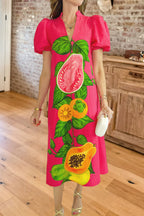 Fruit Print Puff Sleeve Maxi Dress