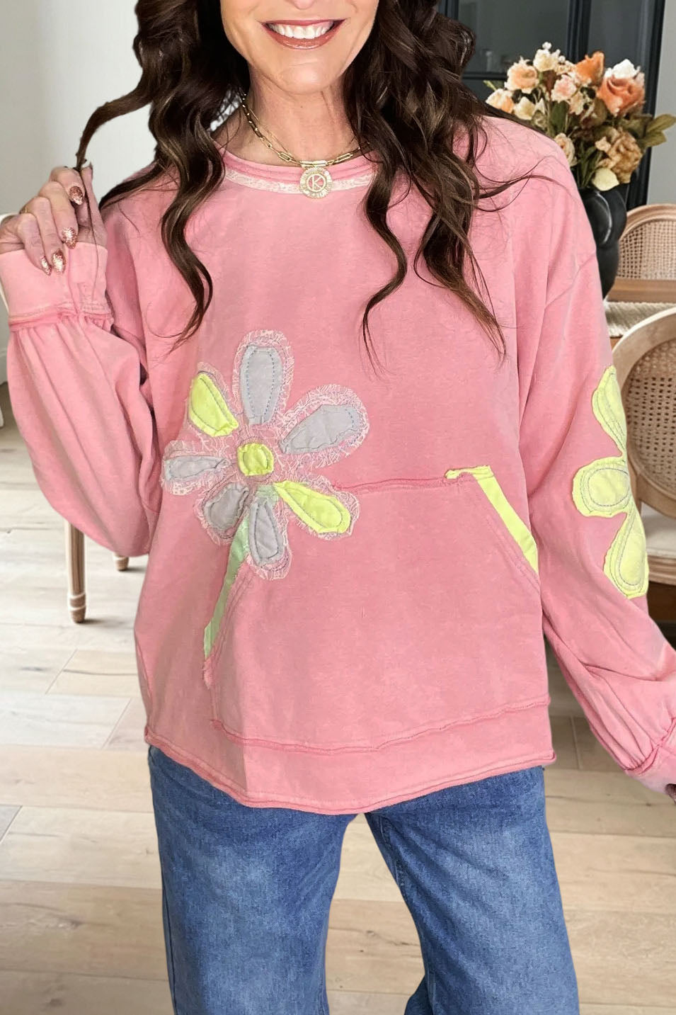 Floral Appliqué Pocket Sweatshirt