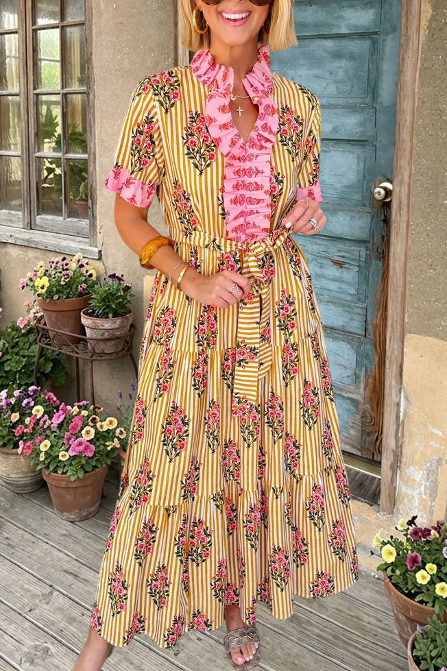 Floral Striped Ruffle Maxi Dress
