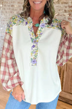 Floral Plaid Patchwork V-Neck Top