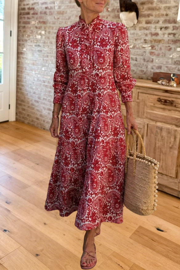 Paisley Print Long Sleeve Maxi Dress