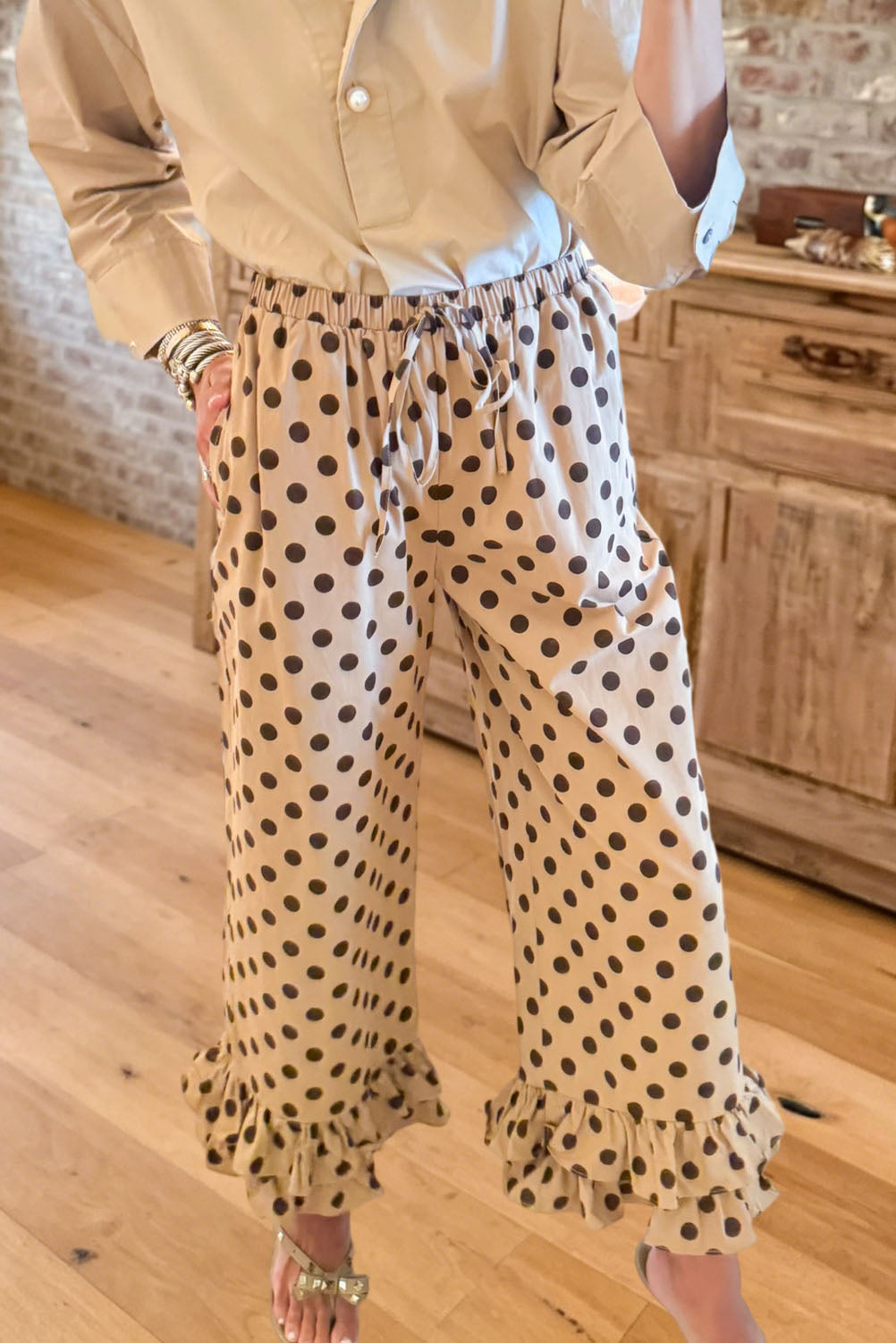 Polka Dot Ruffle Hem Wide Leg Pants