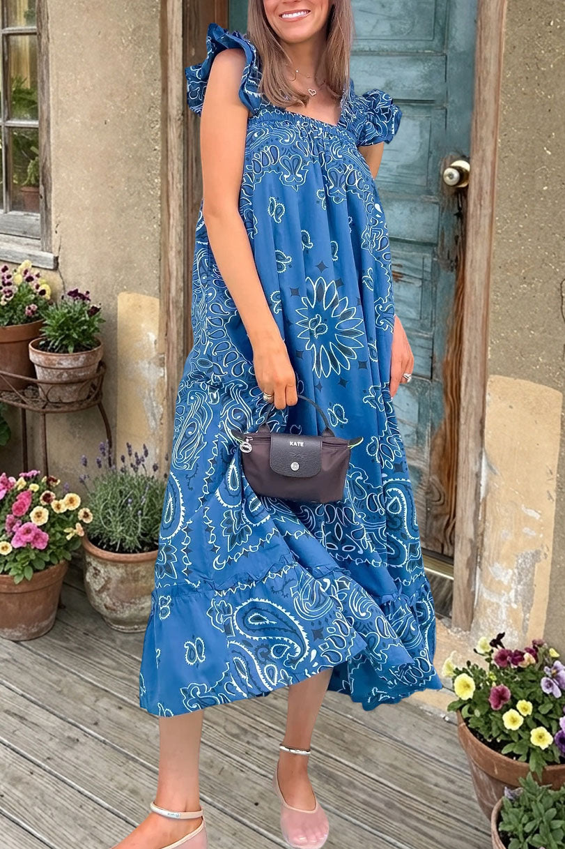 Retro Print Ruffle Maxi Dress