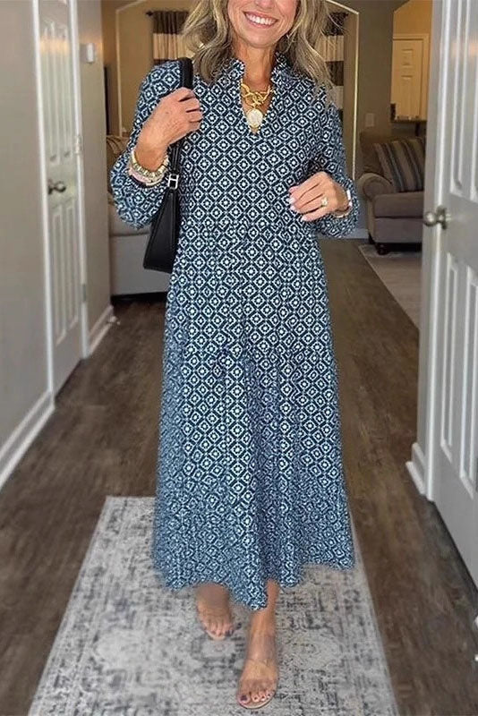 Geometric Print Long Sleeve Maxi Dress