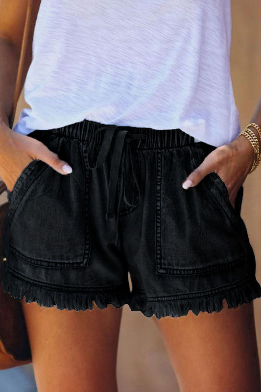 Casual Drawstring Fringe Denim Shorts