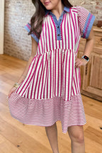 Striped Denim Trim Tiered Dress